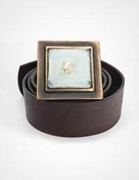 White Glass & Brown Leather Belt